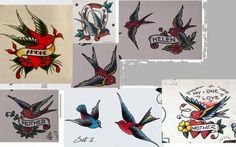 several different designs on the back of tattoos, including birds and flowers with words that say i love you