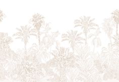 a white and beige wallpaper with palm trees