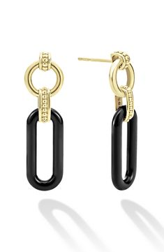 Polished black ceramic links contrast with 18-karat-gold Caviar beading in these sleek drop earrings. Ceramic/18k gold Imported Black Drop Earrings, Earrings Ceramic, Lagos Jewelry, Ceramic Earring, Link Earrings, Earrings In Gold, Design Jewelry, Gold Polish, Silver Drop Earrings