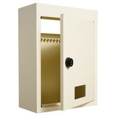 an open white wall mounted cabinet with a gold door and black knobs on the front