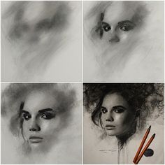 four different images of a woman's face with makeup and pencils in front of her