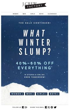 an advertisement for the winter slump sale is shown in blue and white, with snow