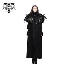 A gothic cape with a hood that features detachable wings which are reminiscent of ravens’ wings.The neckline is conjoined with hooks and the feathers with a ribbon.The wings are detachable and can be mixed and matched with other outfits too, making them perfect for cosplay or theatre. Product Specifications:Style: GothicFabric: 90% Polyester, 10% Viscose Trench Coat Outfit Winter, Trench Coat Outfit Spring, Gothic Cape, Faux Feathers, Raven Feather, Dark Punk, Victorian Gothic Style, Cape For Women, Mode Steampunk