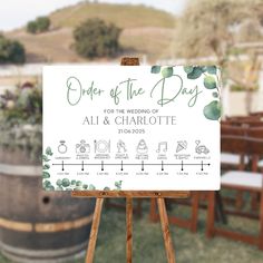 a sign that says order of the day for the wedding of all and charlotte on it