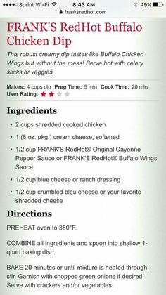 the menu for frank's red hot buffalo chicken dip is displayed on an iphone