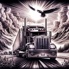 a black and white drawing of a semi truck with an eagle on it's back