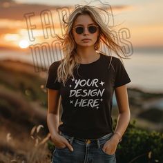 Black Fitted T-shirt With Branding, Fitted Black T-shirt With Branding, Tee Mockup, Model Woman, Black Tees, T Shirt Mockup, Mock Ups, Tshirt Mockup, Female Model