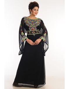 Black Georgette Hand Zari Embroidery Party Wear Galabiya Right side and both sleeve zari work Back close with loop, button & zip, easy to wear Dress belongs to the zari embroidery work with glass stone at the front and sleeves Hijab and band shown in the image can be bought separately Fabric: GeorgetteCare: Mild machine wash/ hand Cold Wash/ Dry cleanWe request customers to carefully choose the correct size and dress length referring to our size chart Kaftan Moroccan Caftan, Zari Embroidery, Moroccan Kaftan, Long Kaftan, Hooded Dress, Islamic Clothing, Women Maxi, Hip Dress, Embroidery Work