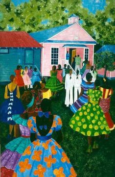 a painting of people dancing in front of a pink house with green grass and trees