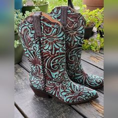 Questions? Leave A Comment Below! Cowgirl Boots Blue, Blue Fitted Western Heeled Boots, Brown And Teal Cowgirl Boots, Cowboy Boots Women Yeehawcowboy.com, Ladies Cowboy Boots Size 5.5, High Top Shoes, Leave A Comment, Shoes Heels Boots, Top Shoes