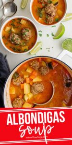 three bowls of soup with limes and spoons on the side, along with an ad for albondigas soup