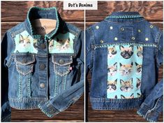 Girls kitten jean jacket with all hand-crafted embellishments... -cute kitten inlay on back -yellow gemstones on back -teal and pink double accent stitching along upper back -pink accent stitching along front pockets -teal accent stitching along front seams, cuffs and collar Cute Fitted Denim Jacket, Cute Fitted Denim Jacket With Pockets, Cute Fitted Blue Denim Jacket, Denim Cowgirl, Lined Flannel Shirt, Custom Denim Jacket, Teal Accents, Custom Denim, Yellow Gemstones