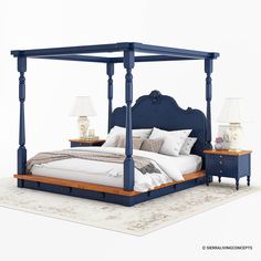 a bed with blue headboard and foot board sitting on top of a white rug