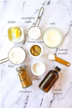 the ingredients for making homemade butterscotch on a marble counter top, labeled in small bowls and spoons