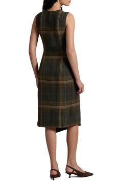 This wool-rich sheath dress features a warm-hued plaid and a cascading faux-wrap look cinched with a graceful side tie. Hidden back-zip closure Jewel neck Sleeveless Ties at side 70% wool, 25% polyamide, 2% cotton, 2% acrylic, 1% polyester Dry clean Imported Ralph Lauren Womens Clothing, Long Wrap Dress, Kimono Wrap Dress, Ralph Lauren Plaid, Polo Ralph Lauren Women, Americana Fashion, Linen Midi Dress, Wrap Midi Dress, Dress Crafts