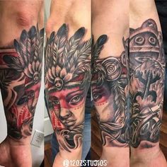 three different tattoos on the legs of people with faces and headdresses in them