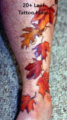 a person with tattoos on their legs that have leaves painted on them and the words 20 leaf tattoo ideas