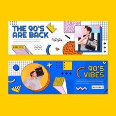 the 90's are back banner is shown in two different colors and sizes, with an image of a woman holding a camera