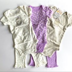 Nwt Bundle Of Carter’s Bodysuits & Leggings. 3 Bodysuits & 2 Ruffle Hem Leggings. Size 3 Months. Brand New With Tags! Playful Fitted Purple Sets, Fitted Purple Loungewear Sets, Purple Cotton Bottoms For Playtime, Purple Cotton Playwear Sets, Purple Fitted Sets For Playwear, Playful Purple Bottoms For Playtime, Cute Purple Cotton Onesie, Best Baby Gifts, Layette Set