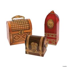 three wooden boxes with decorative designs on the top and bottom, one has a lock