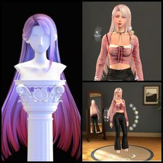 three different views of a woman with pink hair