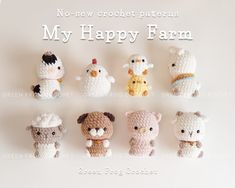 there are many small crocheted animals in the same row, each with a farm animal on it