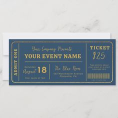 a blue and gold ticket for an event