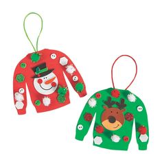 two christmas sweaters hanging from strings on a white background, one with a snowman and the other with a reindeer