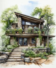 this is a watercolor painting of a house with stone steps leading up to it