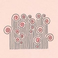 a pink background with black lines and swirls on the bottom half of each line