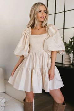 puffy short sleeve min dress in beige Cute Outfits With Shorts, Nashville Outfits, Bridal Shower Dress, Cute Preppy Outfits, Double Take, Really Cute Outfits, Cute Summer Outfits, Dresses For Teens, Tier Skirt