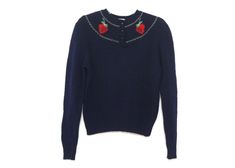 Vtg 80s sweater strawberry pattern wool womens Navy Blue Sweater, Blue Sweater, Blue Sweaters, Super Cute