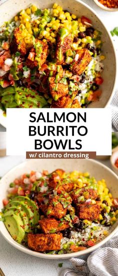 salmon burrito bowls with guacamole and salsa