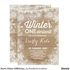 winter onederland party card with snowflakes on the front and back side