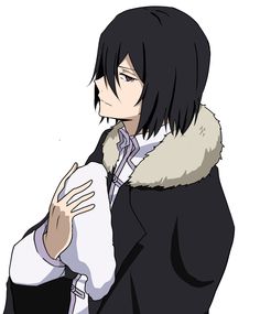 an anime character with black hair and a fur collar