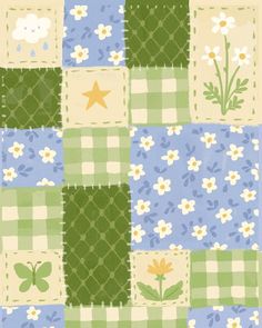 a green and blue patchwork quilt with flowers on the front, stars in the back