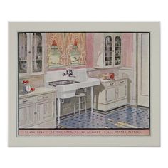 an old fashioned kitchen with pink walls and blue flooring is featured in the magazine