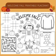 Welcome Fall with this fun and interactive printable placemat! Perfect for teachers, autumn parties, Thanksgiving, birthdays, and more, this activity placemat includes tic-tac-toe, design-your-own sweater, a maze, coloring, and more. Keep kids entertained and engaged while celebrating the beauty of the season! You will get 1 PDF document: ⦁ 11'' x 8.5'' - US Letter Size DIGITAL DOWNLOAD This is a digital download, no shipping is included. HOW TO DOWNLOAD Your files will be available for download Fall Activities For Kids, Printable Placemat, Activity Placemat, Fall Placemats, Placemats Kids, Autumn Activities For Kids, Fall Printables, Welcome Fall, Fall Activities