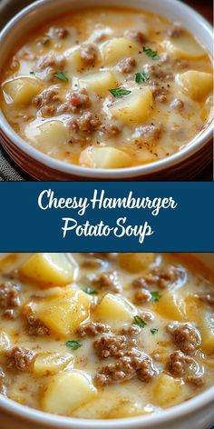 This Cheesy Hamburger Potato Soup is a rich, hearty, and comforting dish loaded with ground beef, tender potatoes, and creamy melted cheese. Perfect for a chilly evening, it’s a one-pot meal the whole family will love! Meals With Ground Hamburger, Recipe With Ground Beef And Potatoes, Hamburger Stew Crock Pot, Recipes With Ground Beef And Potatoes, Ground Beef Potato Soup, Ground Beef And Potato Soup, Ground Beef Potato Recipes, Quick Easy Soup Recipes