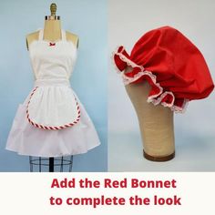 two mannequins with red bonnets to complete the look for each woman