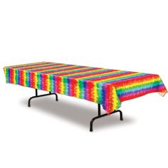 a multicolored rectangular table cover with black legs