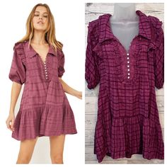 Free People Elora Burgundy Oversize Mini Dress Puff Sleeves Ruffles Size Xs- Short Dress Featuring Beautiful Lace Detailing, Ruffles, Buttons, Puff Sleeves, Side Pockets, Oversize Easy Pullover Fit- Can Be Worn As A Dress Or Tunic- Dressed Up Or Down- Beautiful Burgundy "Juneberry" Color- New Without Tags- Originally $147.95- See Pictures With Measuring Tape For Exact Measurements B-1-4 Billowy Mini Dress With Short Sleeves, Mini Dress Puff Sleeves, Crochet Tunic Dress, Free People Black Dress, Free People Lace Dress, Strappy Mini Dress, Flowy Mini Dress, Crochet Tunic, Ponte Dress