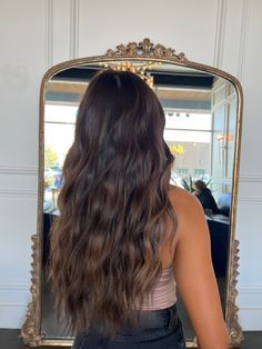 Brunette Hair Lowlights Dark, Hair Color Ideas For Brunettes Wavy Hair, Dark Brown Into Light Brown Hair, Deep Brown Hair Balayage, Dark Hair For Winter Brunettes, All Brunette Hair Color, Brown Curled Hairstyles, Brown Hair Low Light, Dark Brunette With Brown Highlights