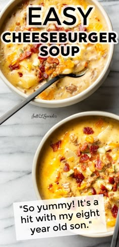 two bowls of soup with text overlay that reads easy cheeseburger soup - "So yummy! It's a hit with my eight year old son." Easy Cheeseburger Soup, Classic Cheeseburger, Cheeseburger Soup Recipe, Bacon Cheeseburger Soup, Cheese Burger Soup Recipes, Cheese Soup Recipes, Crockpot Healthy, Burger Seasoning, Homemade Soup Recipe