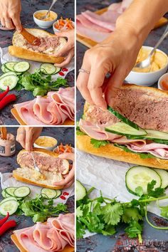 the process of making a sandwich with ham, cucumbers and lettuce