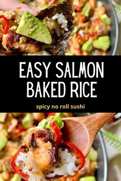 easy salmon baked rice with avocado and red peppers in a skillet on a wooden spoon