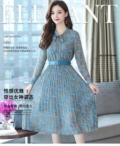 FREE SHIPPING Autumn Winter Vintage Chiffon Floral Midi Dress JKP3401 Floral Print Long Sleeve Chiffon Dress In Georgette, Spring Knee-length Georgette Chiffon Dress, Blue Chiffon Dress For Fall, Midi Dress Sleeves, Women Maxi Dresses, Dress Sleeves, Midi Dress Plus Size, Winter Vintage, Chiffon Floral