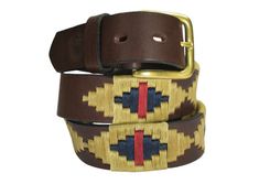 premium brown leather polo belt with a navy and natural with a blood stripe. Tooled Belts, Best Belt, Belt For Jeans, Fitting Jeans, Tan Cowhide, Red Blood, Jean Belts, Saddle Leather, Dress Belt