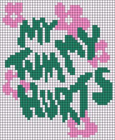 a cross stitch pattern with green leaves and pink flowers on the bottom half of it