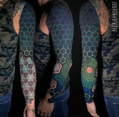 two men with tattoos on their arms and arm sleeves, both showing the same pattern